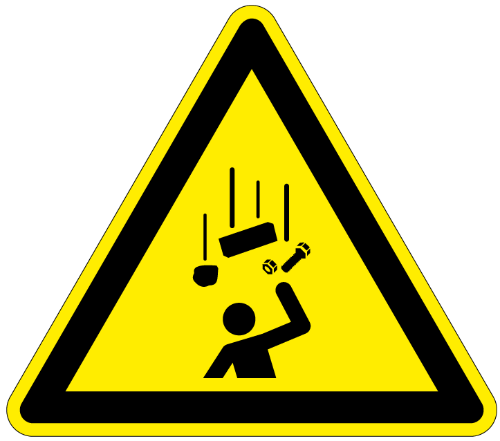 Pictogram vallende voorwerpen, geel zwart, driehoek, iso 7010, w035